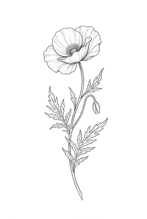 Poppy fine line birth flower tattoo design for August