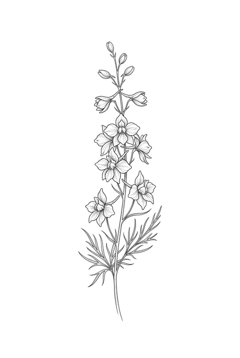 Larkspur fine line birth flower tattoo design for July