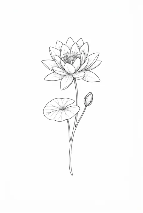 Water lily fine line birth flower tattoo design for July