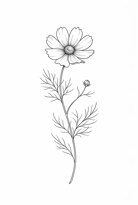 Cosmos fine line birth flower tattoo design for October
