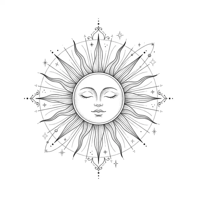 Fine line tattoo design: a sun (one half of a matching sun and moon pair)