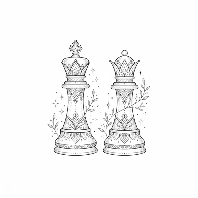 Fine line tattoo design: a king and queen chess piece pair