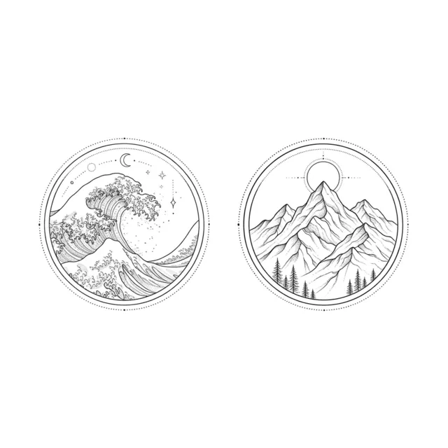 Fine line tattoo design: a matching wave and mountain pair