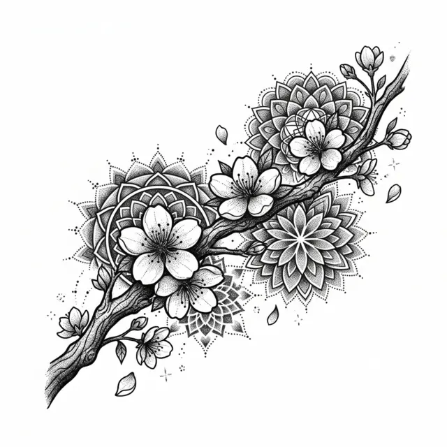 Dotwork tattoo design: a cherry blossom branch