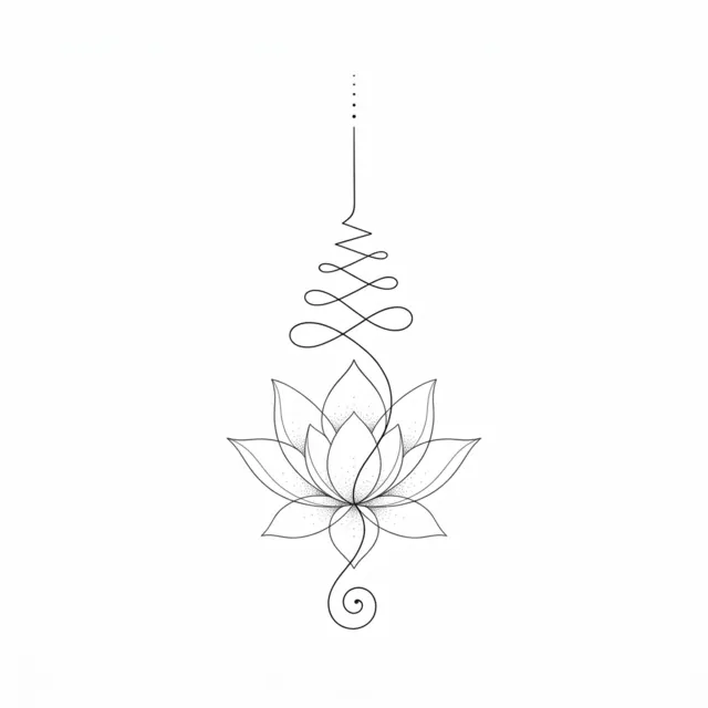 Fine line tattoo design: an unalome symbol with a lotus