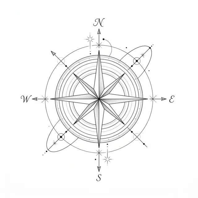 Fine line tattoo design: a compass rose