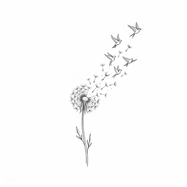 Fine line tattoo design: a dandelion with seeds flying into birds