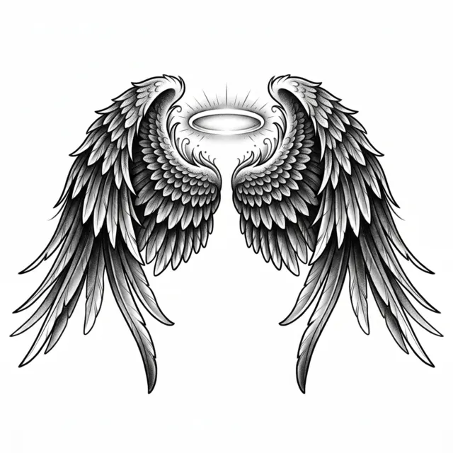 Black & grey tattoo design: angel wings with a halo
