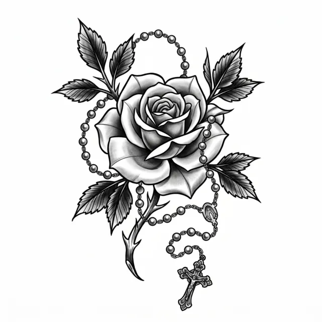 Black & grey tattoo design: a rose with a rosary