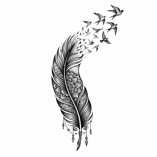 Dotwork tattoo design: a feather turning into birds