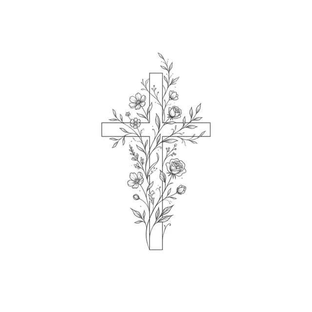 Fine line tattoo design: a small cross with flowers
