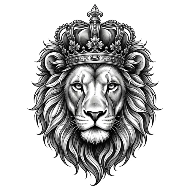 Black & grey tattoo design: a lion with a crown