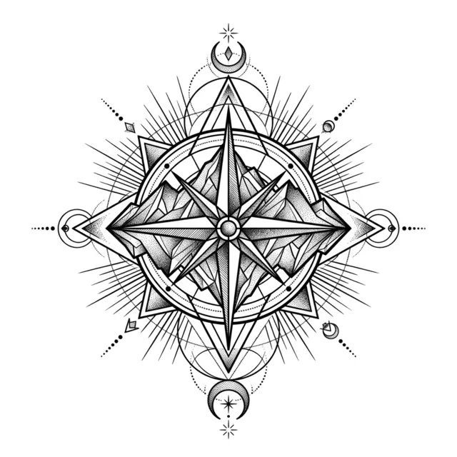 Geometric tattoo design: a compass with mountains
