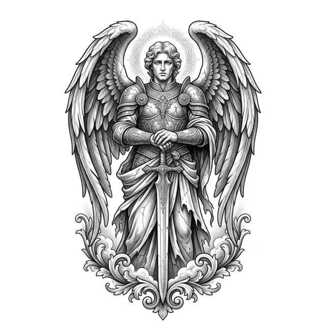 Black & grey tattoo design: an angel warrior statue
