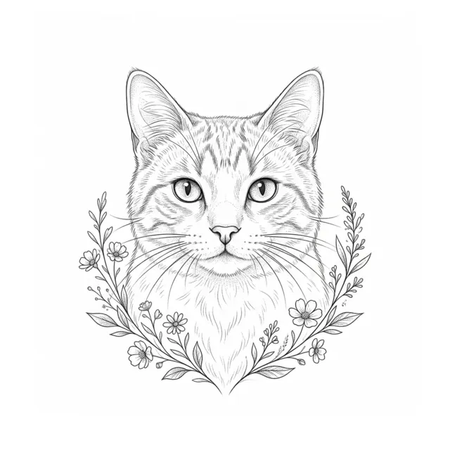 Fine line tattoo design: a cat portrait line drawing