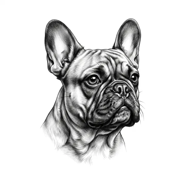 Black & grey tattoo design: a realistic dog portrait of a french bulldog