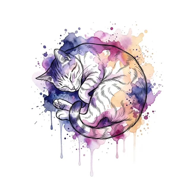 Watercolor tattoo design: a cat curled up