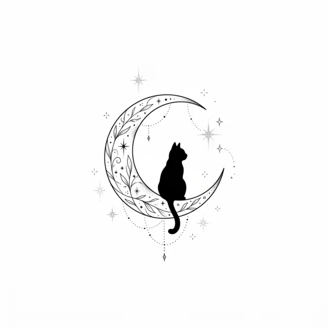 Fine line tattoo design: a cat silhouette sitting on a crescent moon