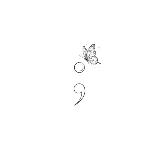 Fine line tattoo design: a semicolon with a small butterfly