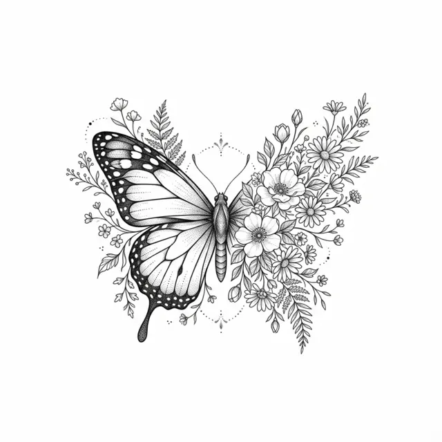 Fine line tattoo design: a butterfly with flowers