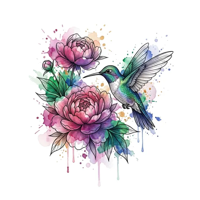 Watercolor tattoo design: a hummingbird and peonies