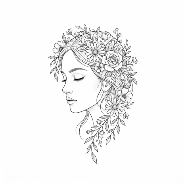 Fine line tattoo design: a woman face line drawing with flowers in her hair