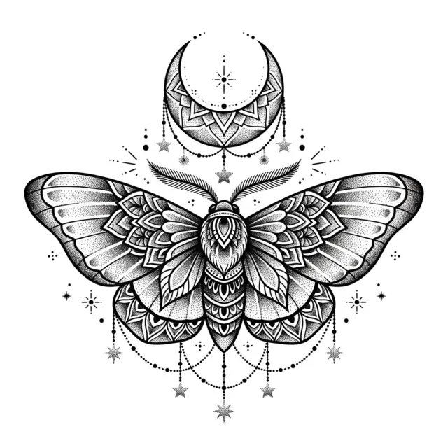 Dotwork tattoo design: a moth with a crescent moon