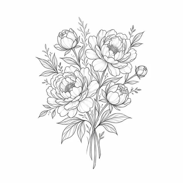 Fine line tattoo design: a peony bouquet