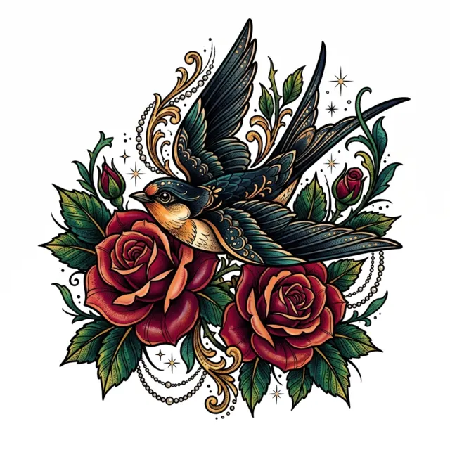 Neo-traditional tattoo design: a swallow with roses
