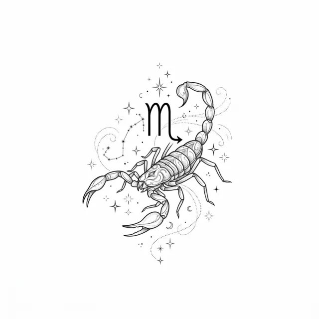 Fine line tattoo design: the Scorpio zodiac symbol with a scorpion and stars