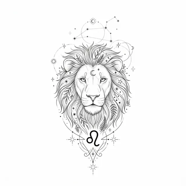 Fine line tattoo design: the Leo zodiac sign with a lion head
