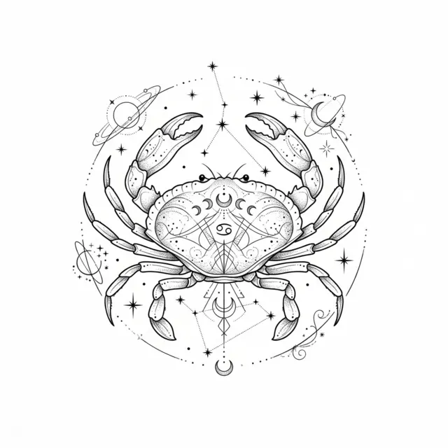 Fine line tattoo design: the Cancer zodiac crab with constellation
