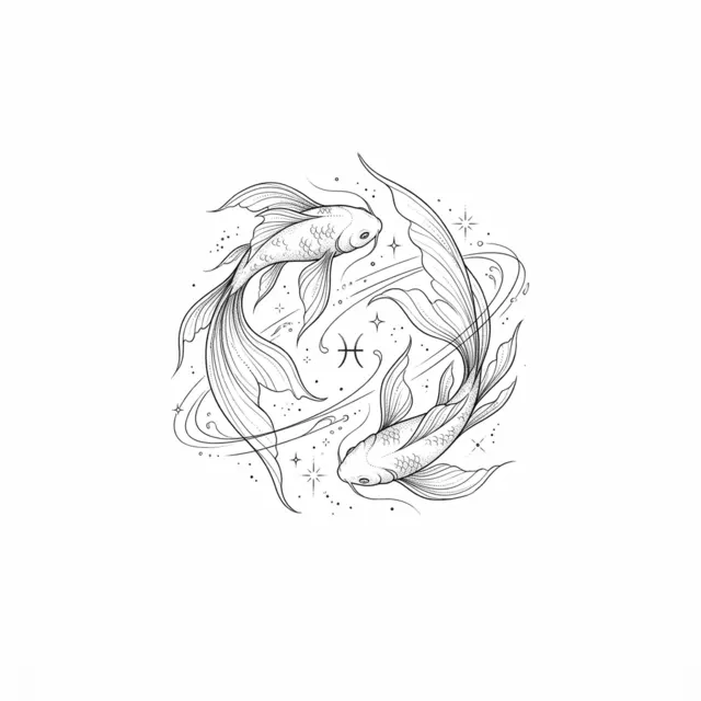 Fine line tattoo design: the Pisces zodiac two fish circling