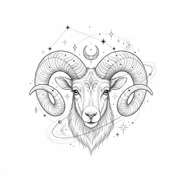 Fine line tattoo design: the Aries ram with constellation