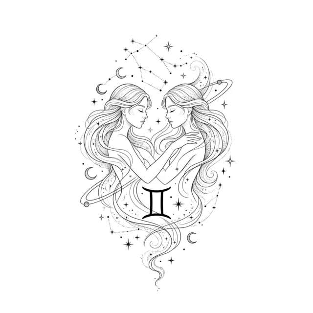Fine line tattoo design: the Gemini twins symbol with stars