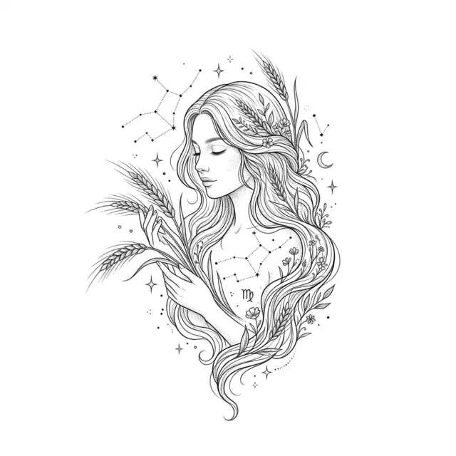 Fine line tattoo design: the Virgo maiden with wheat