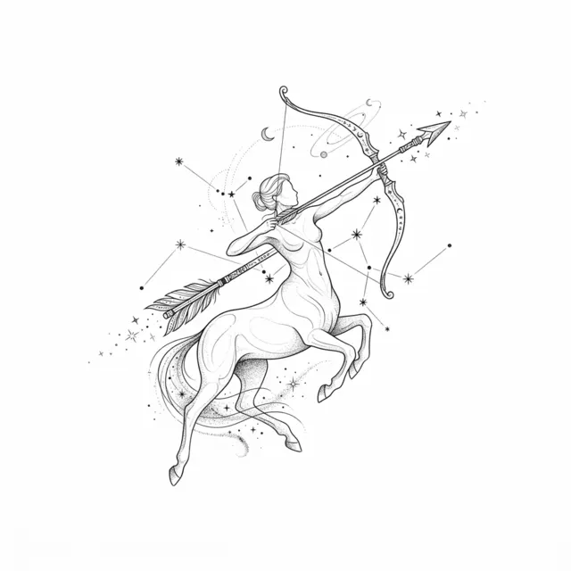Fine line tattoo design: the Sagittarius archer arrow with constellation