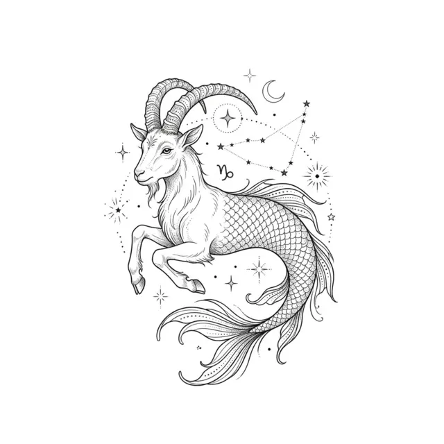 Fine line tattoo design: the Capricorn sea goat with stars