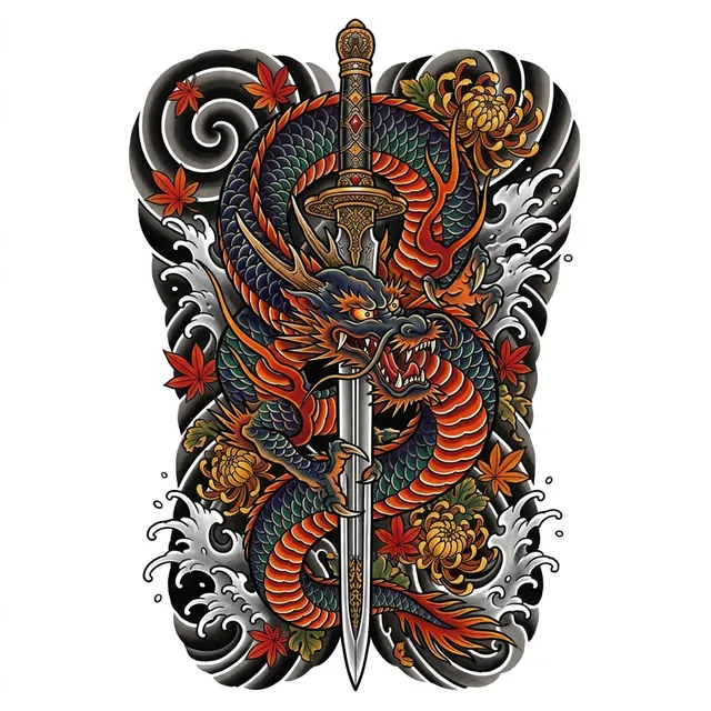 Japanese tattoo design: a dragon wrapped around a sword