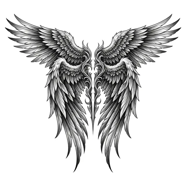Black & grey tattoo design: angel wings spread across the shoulders