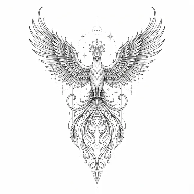 Fine line tattoo design: a large phoenix with flowing feathers