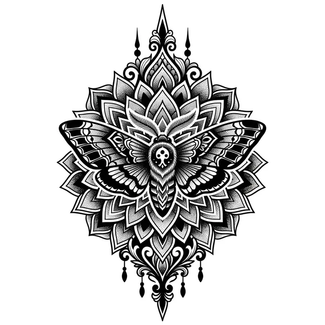 Blackwork tattoo design: a symmetrical ornamental mandala with a moth