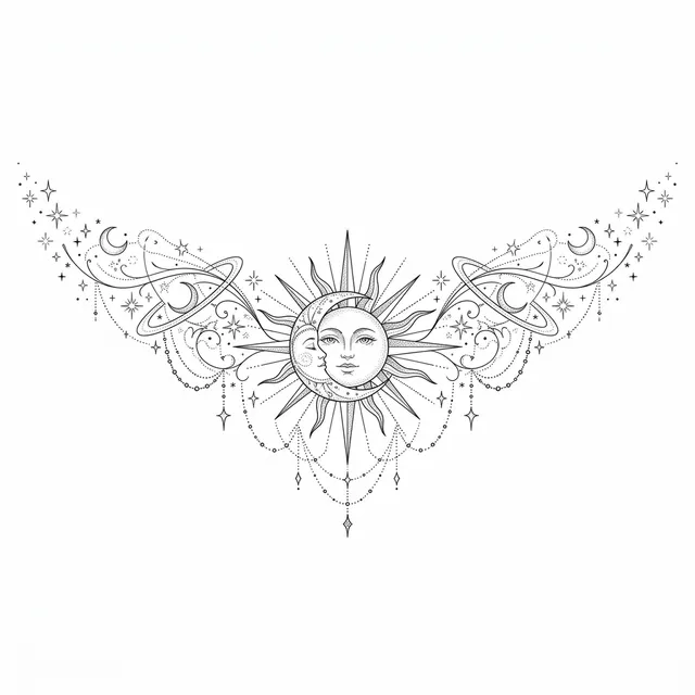 Fine line tattoo design: a sun and moon with stars