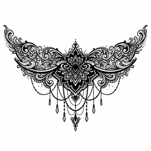 Blackwork tattoo design: a sternum ornamental chandelier pattern