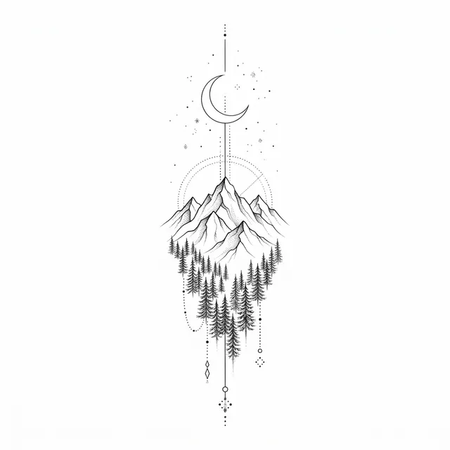 Fine line tattoo design: a mountain range with pine trees and a crescent moon