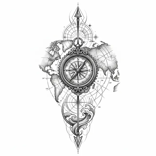 Black & grey tattoo design: a compass over a world map