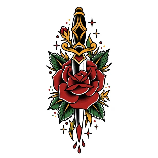 Traditional tattoo design: a dagger through a rose