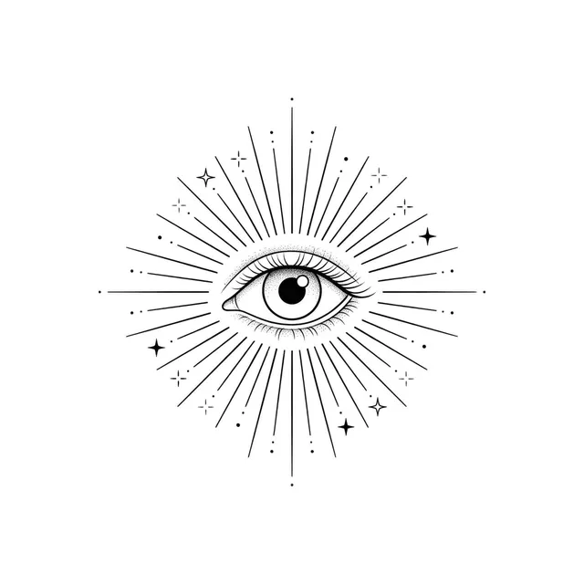 Fine line tattoo design: an eye with rays