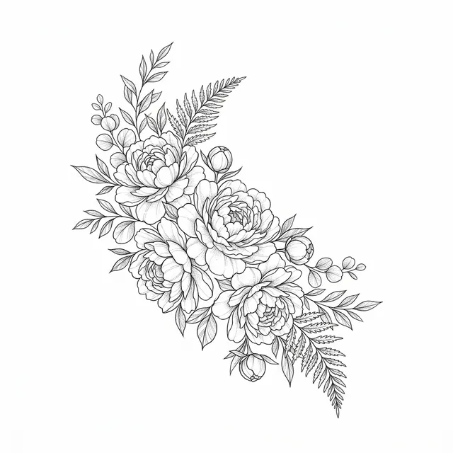 Disegno di tatuaggio in stile Fine line: un bouquet di peonie che avvolge la spalla