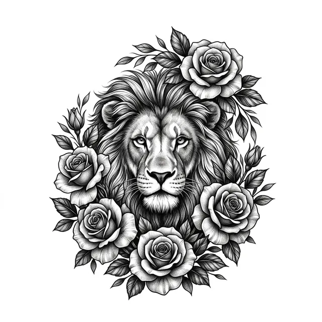 Disegno di tatuaggio in stile Black & grey: una testa di leone con rose